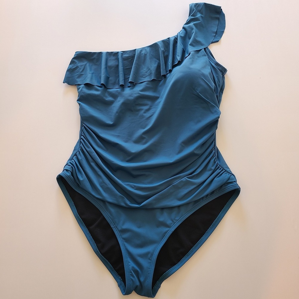Hilor Women's One Piece One Shoulder Swimwear Asymmetric Ruffle Monoki Size 16‎